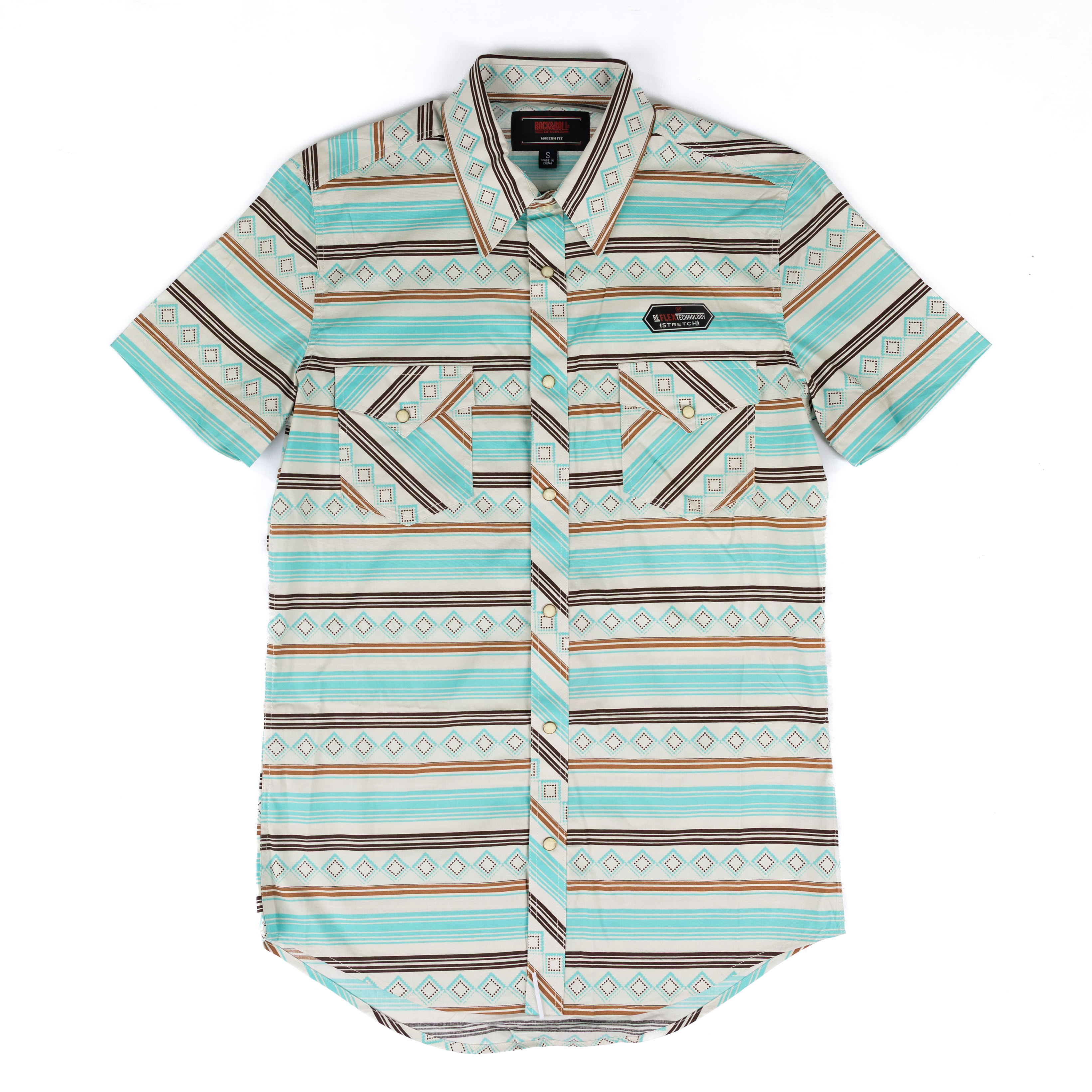 Men's Rock and Roll Denim Teal Stripe Printed Short Sleeve Snap Shirt BMN3S08654