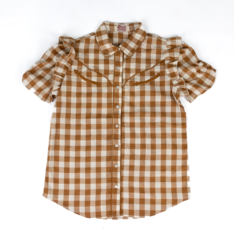 Women's Howdy Hanny Short Sleeve Brown Gingham Button Up Blouse 