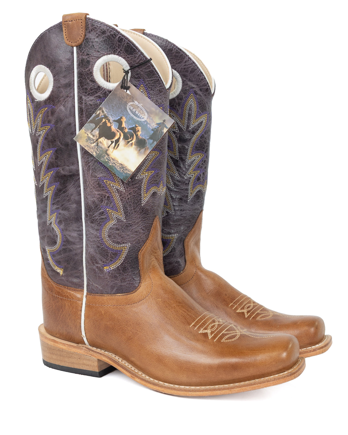 Old West Youth Boy's Brown Square Toe Boots with Purple Top 8211Y