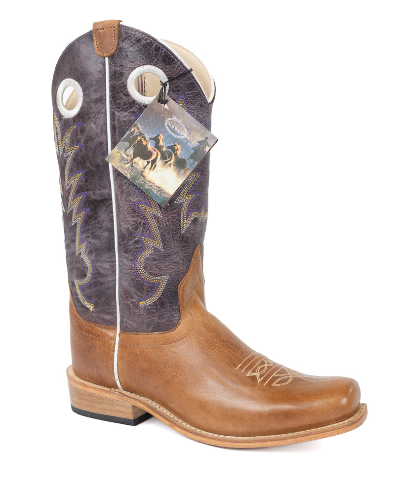 Old West Youth Boy's Brown Square Toe Boots with Purple Top 8211Y