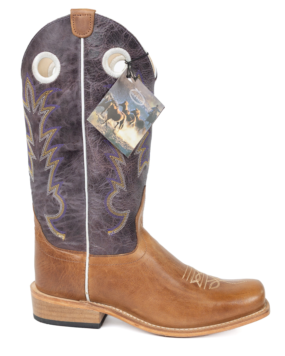 Old West Youth Boy's Brown Square Toe Boots with Purple Top 8211Y