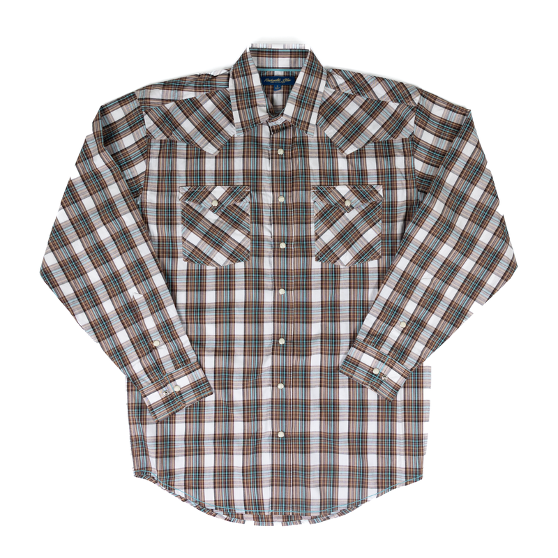 Men's Rock and Roll Denim Brown Plaid Long Sleeve Shirt RMN2S07574