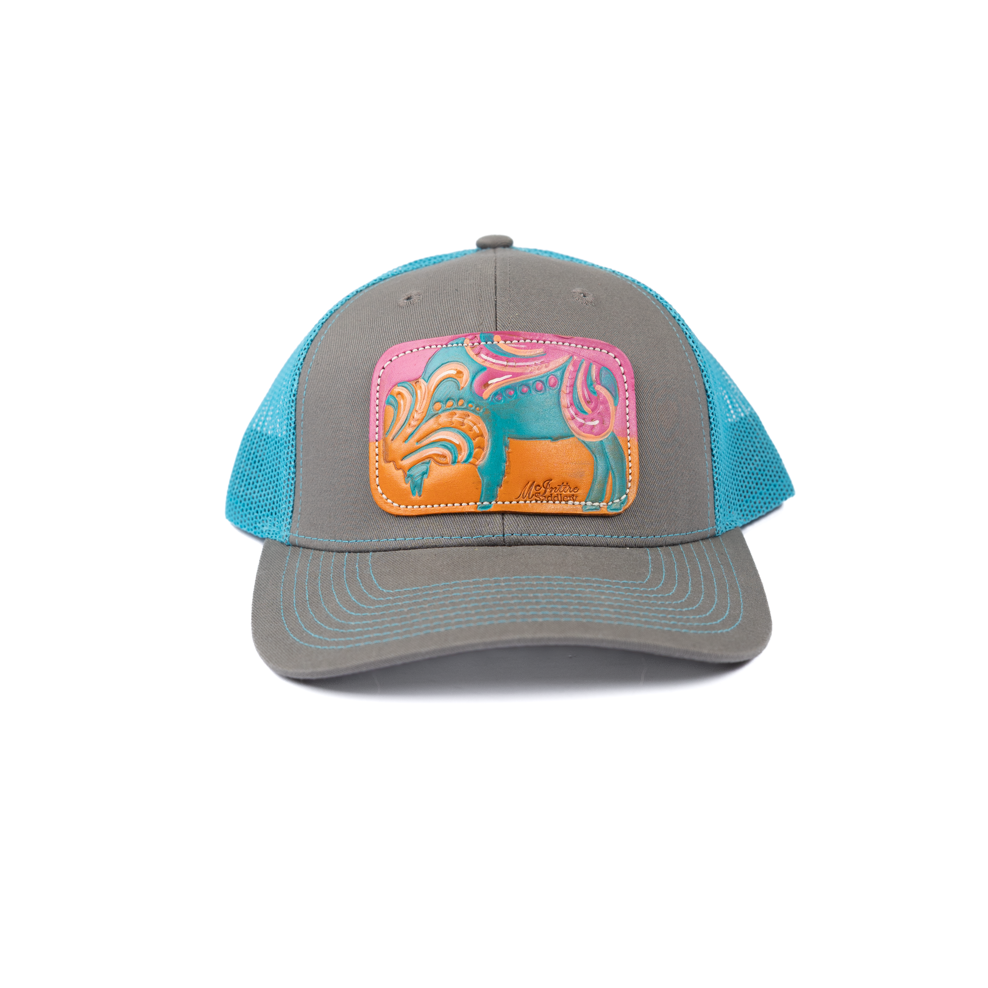 Women's McIntire Saddlery Gray and Blue Mesh Snapback with Leather Patch CAP-08