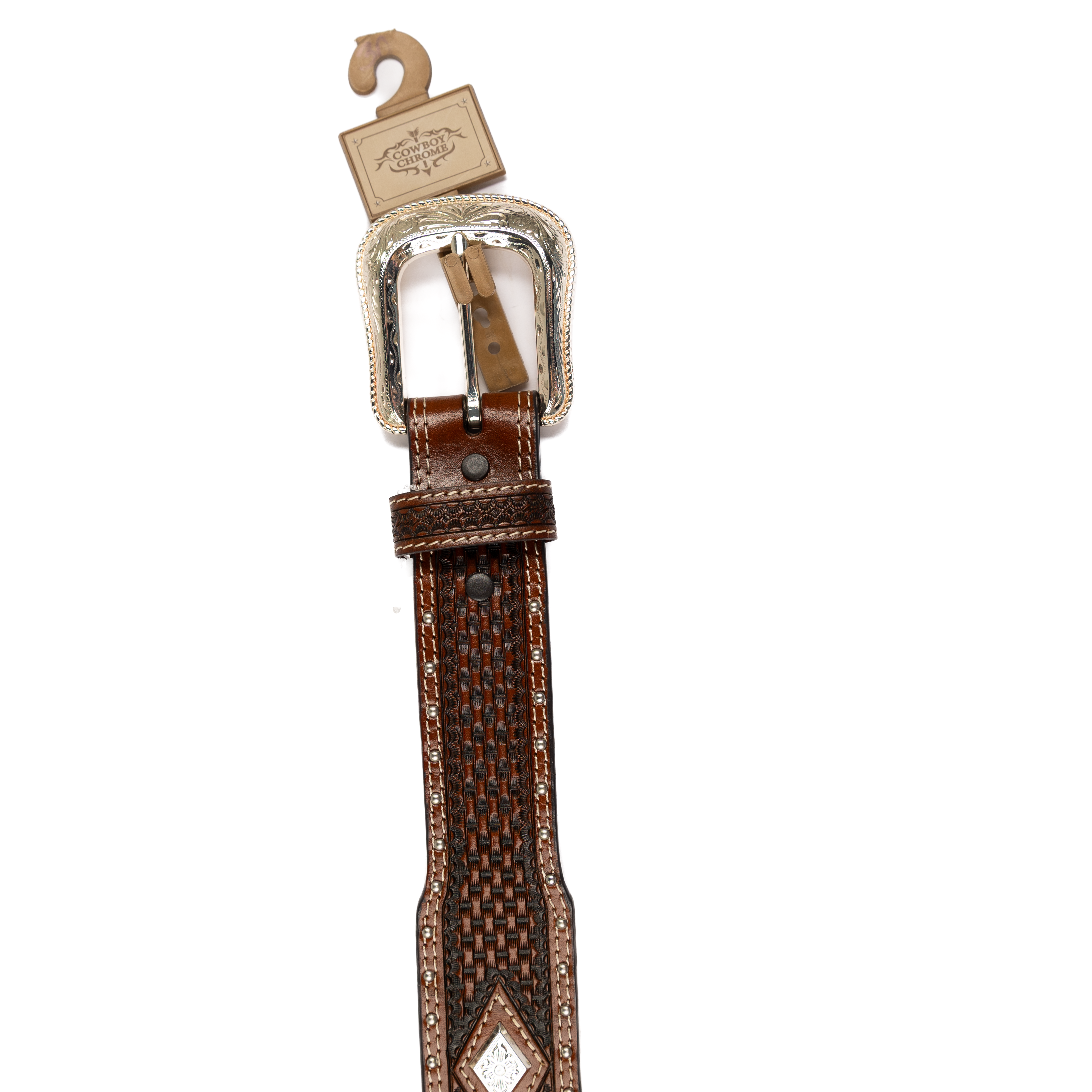 Men's Cowboy Chrome Brown Leather Belt with Silver Diamond Conchos