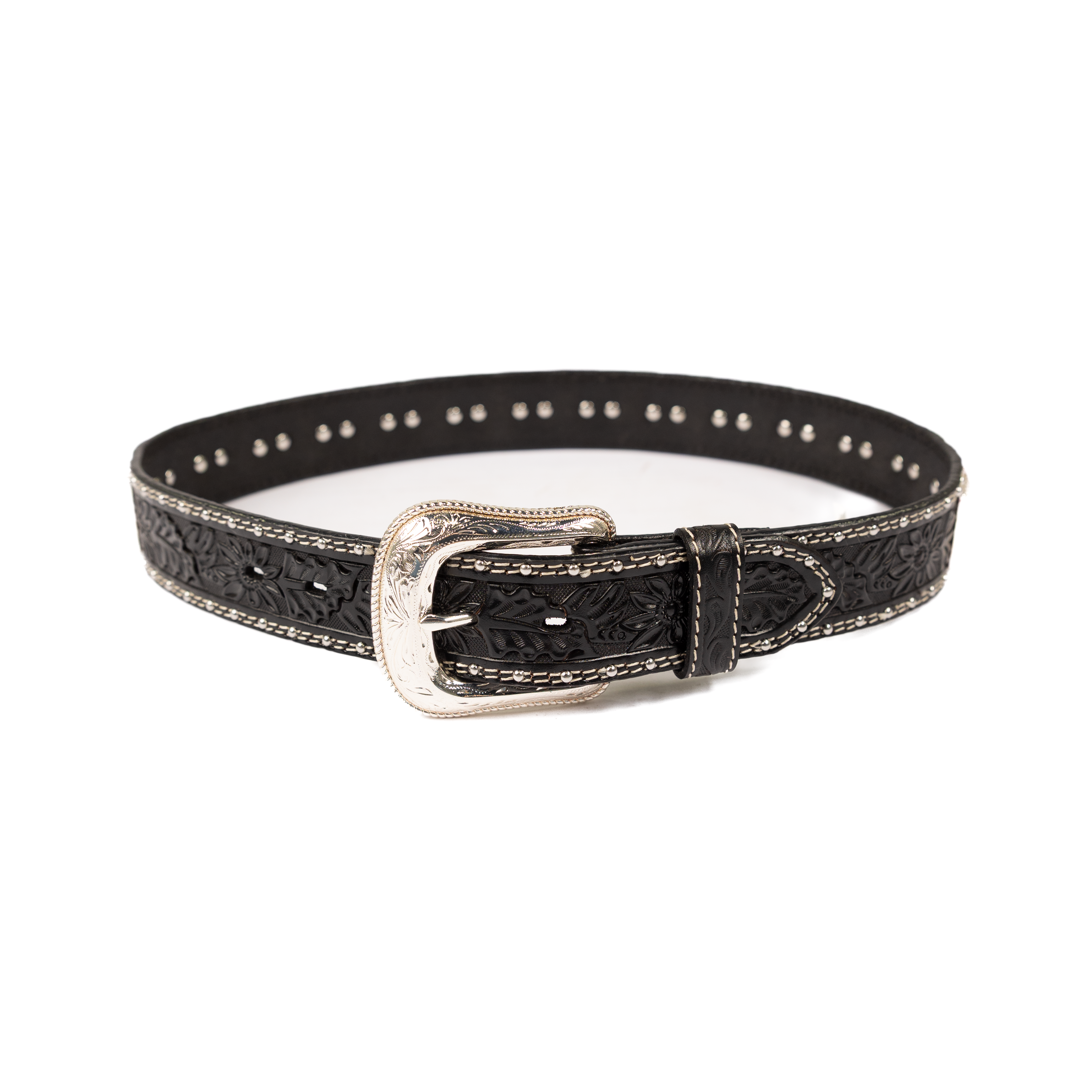 Men's Cowboy Chrome Black Leather Belt with Conchos 1841 32