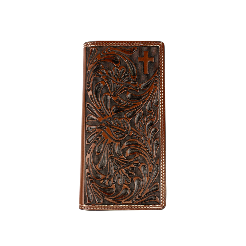 Men's Cowboy Chrome Dark Brown Leather Tooled Rodeo Style Wallet W476