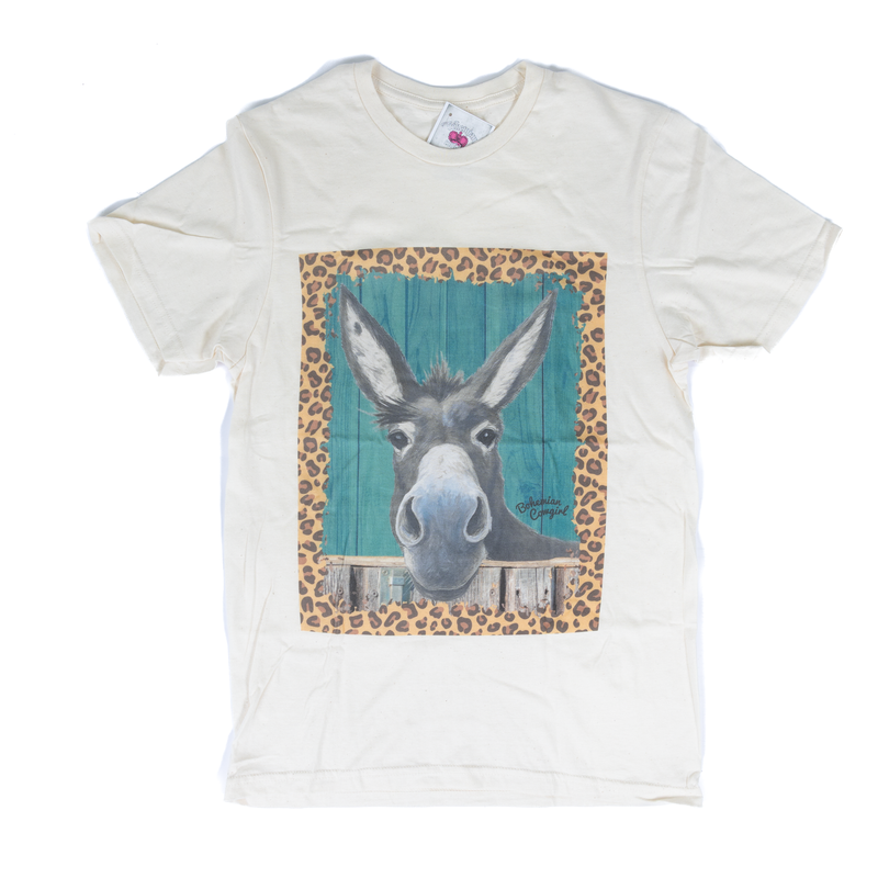 Women's Cream Short Sleeve Donkey Cheetah Print Frame T-shirt 