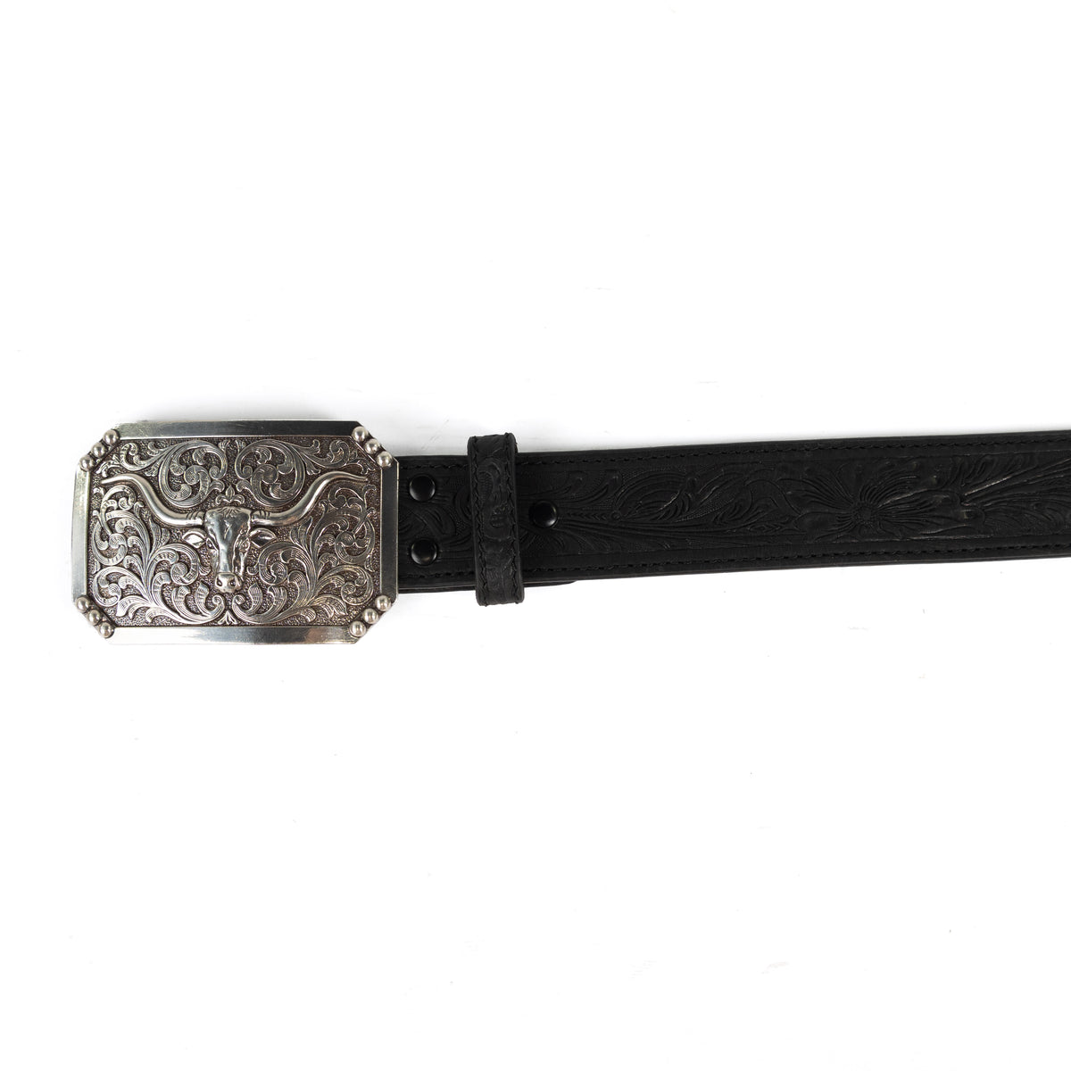 3D Men's Black Floral Tooled Belt with Longhorn Buckle