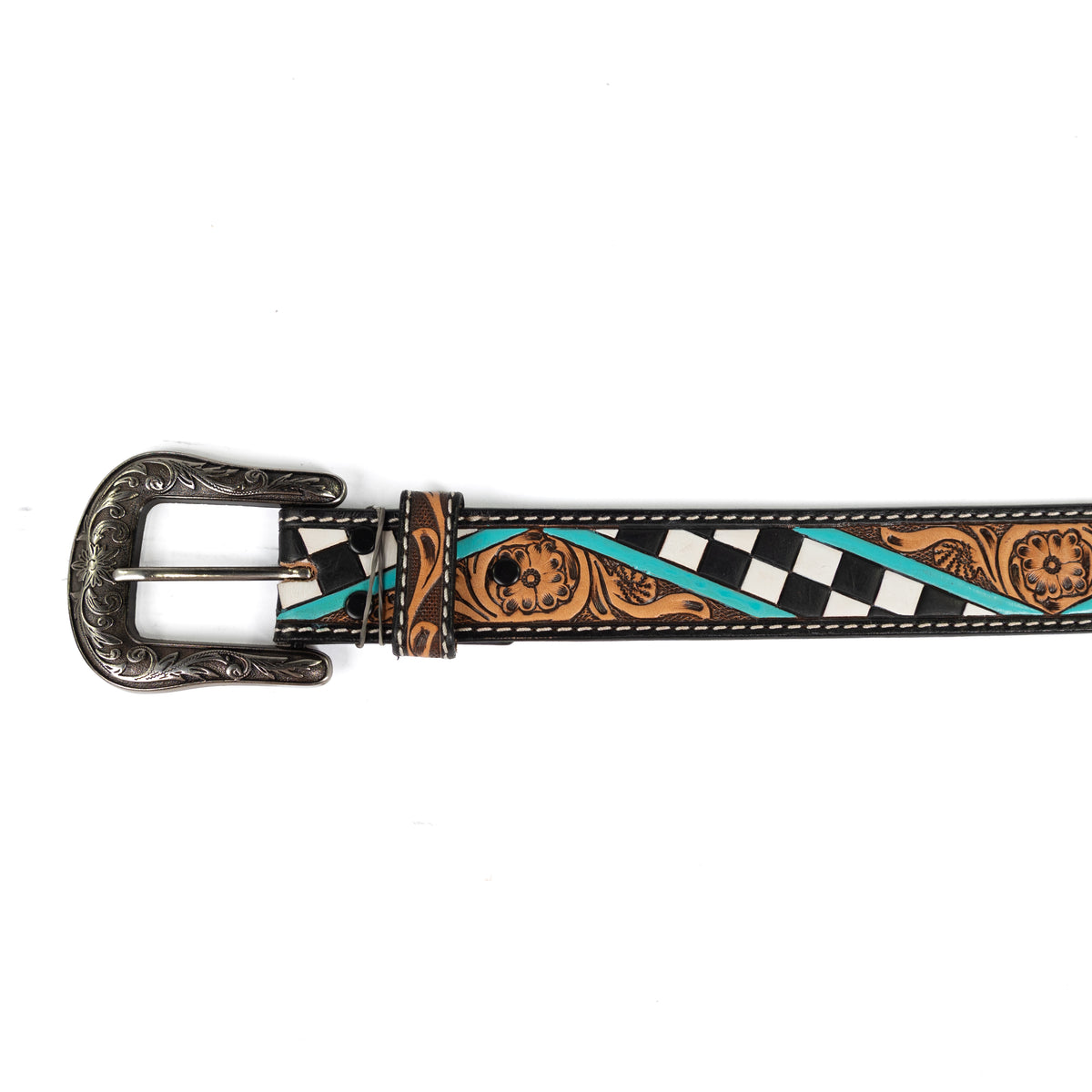 Angel Ranch Women's Checkerboard Hand Painted Tooled Leather Belt
