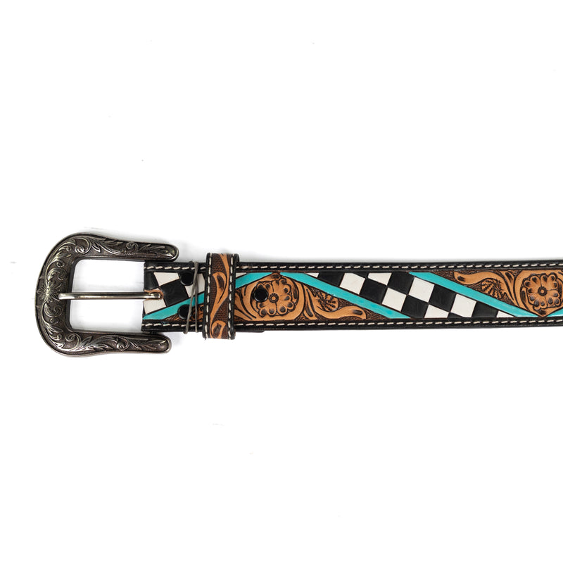 Angel Ranch Women's Checkerboard Hand Painted Tooled Leather Belt