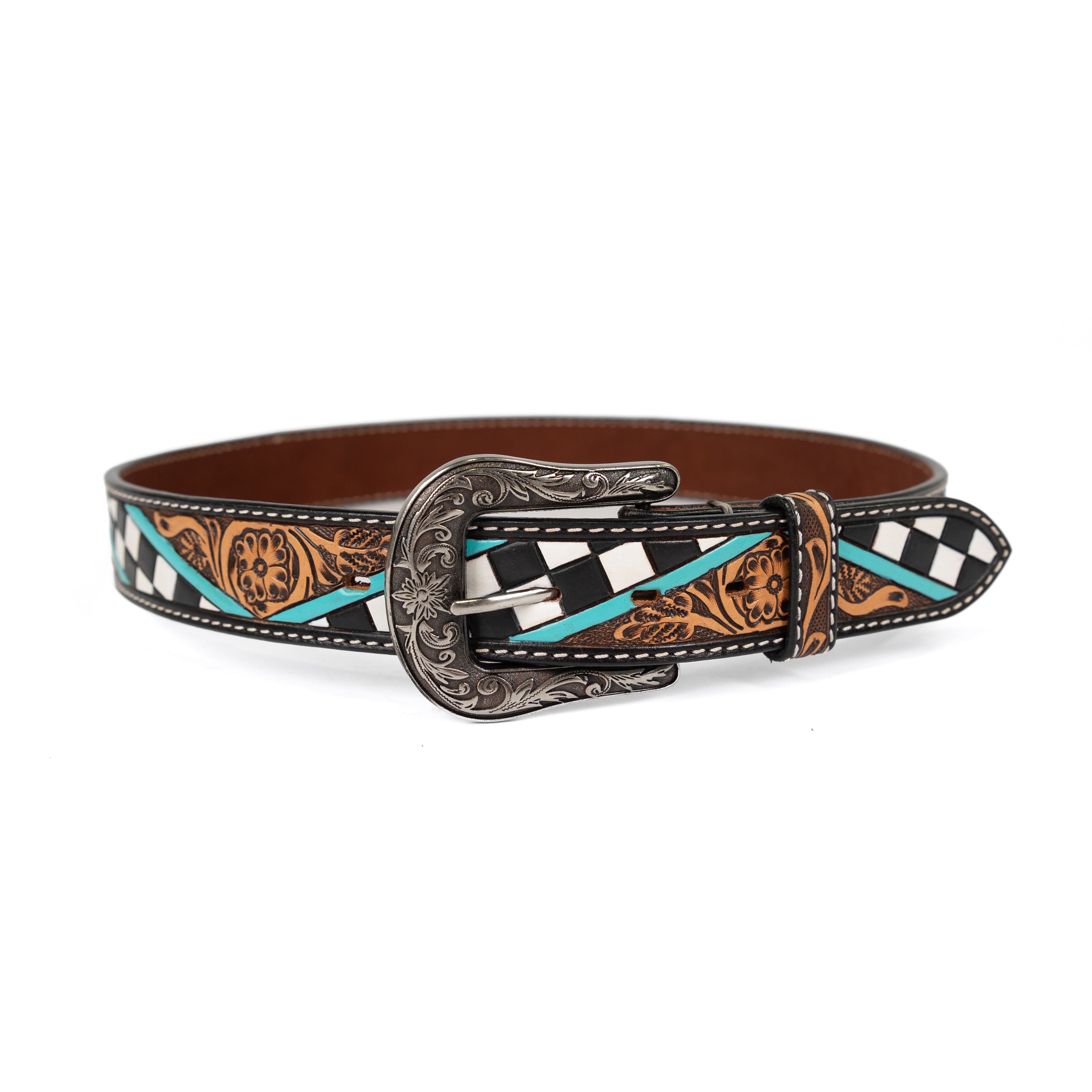 Angel Ranch Women's Checkerboard Hand Painted Tooled Leather Belt