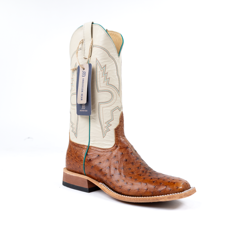 Avestruz de pluma completa color coñac con parte superior de guante de hueso