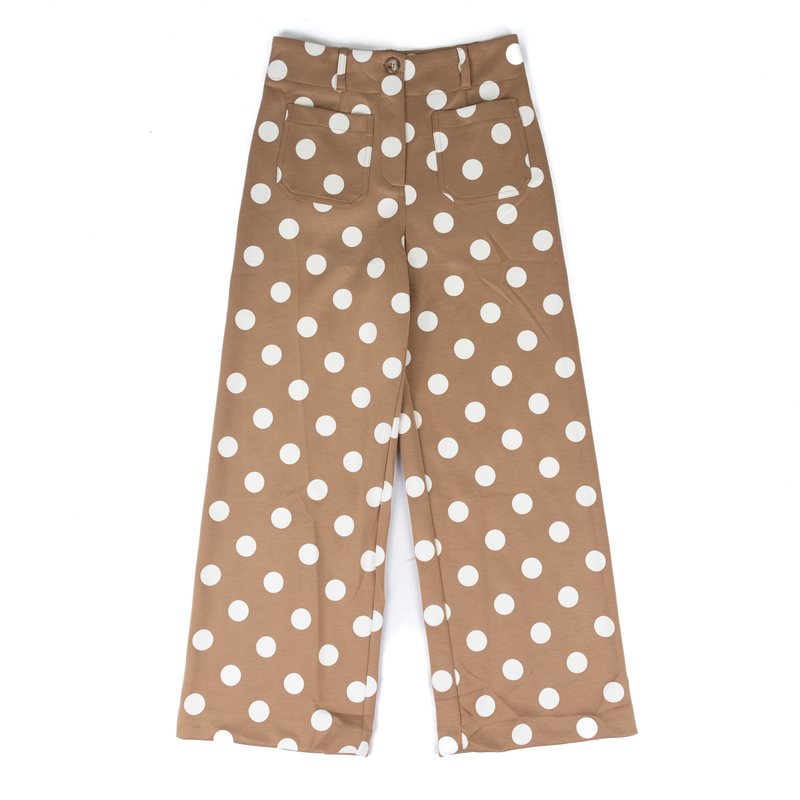 Women's Tan and White Polka Dot High-Rise Wide Leg Pants IP19290