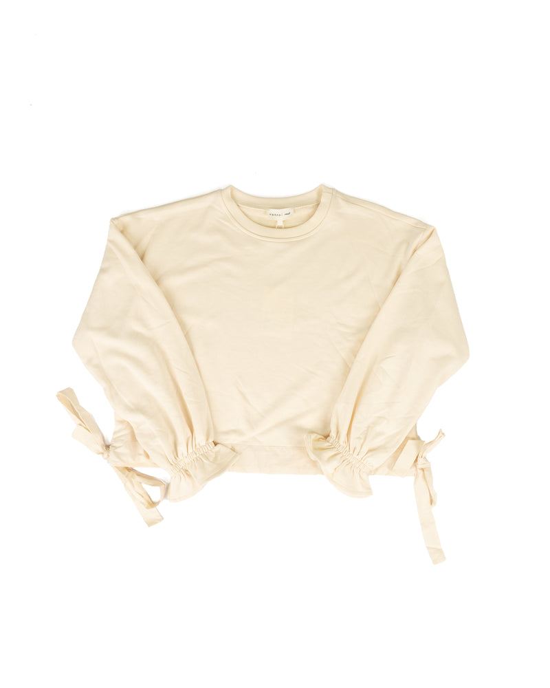 Entro Women's Long Sleeve Ecru Top with Bow Ties on Side 