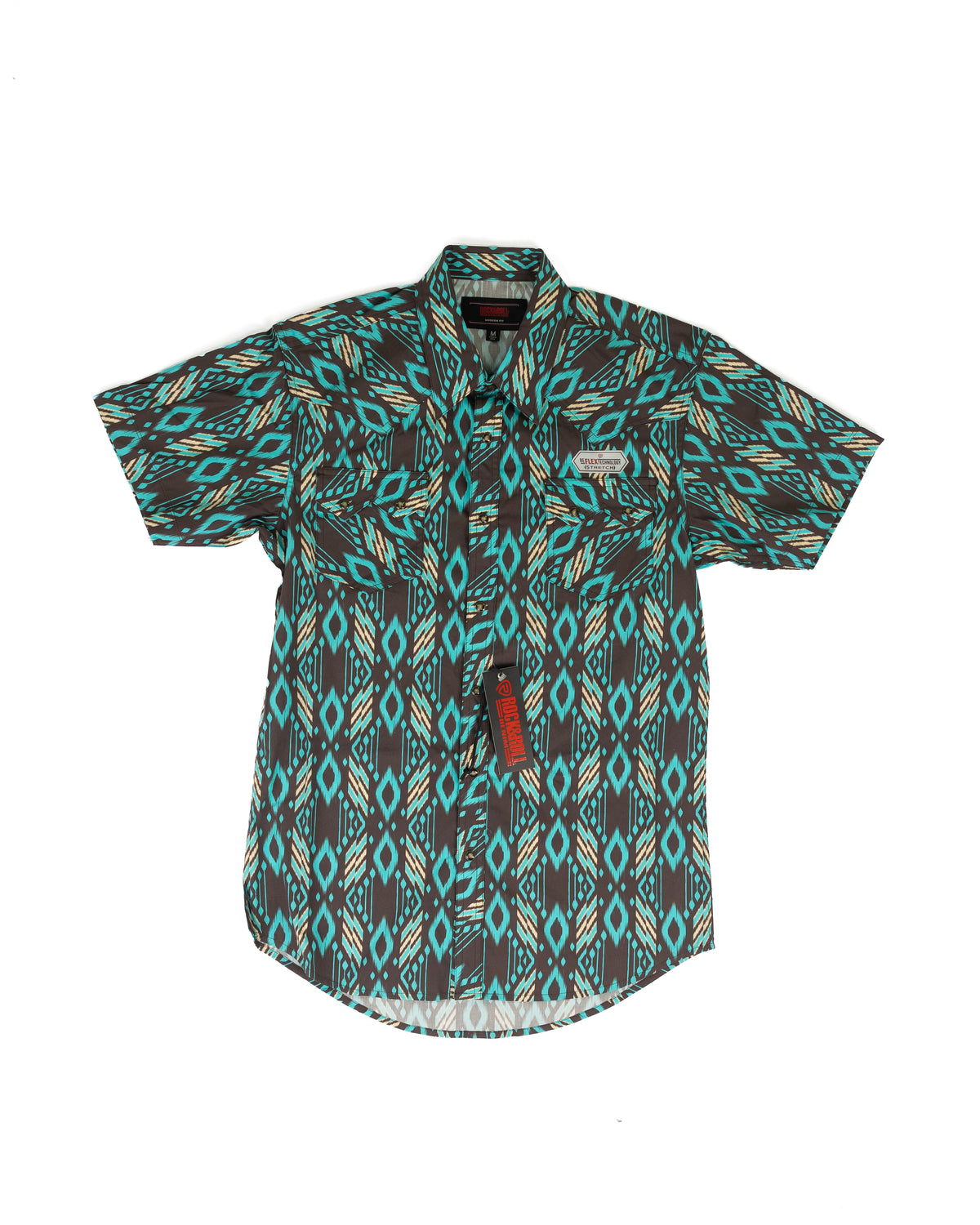 Rock and Roll Men's Short Sleeve Teal Aztec Printed Snap Shirt BMN3S09432