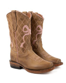 Tanner Mark Girl's Burnished Sand with Pink Bow Embroidery TMG205474