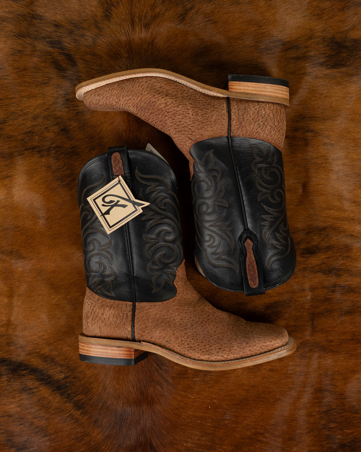 Fenoglio Men's Cognac Boar with Black Top Square Toe Boots