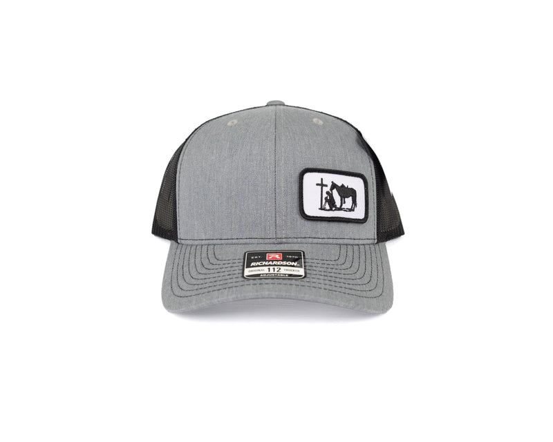 Dally Men's Gray and Black Trucker Snapback with Praying Cowboy Patch 
