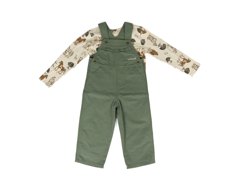 Carhartt Girl's 2 Piece Long Sleeve Horse Tee with Green Overalls (2T-4T) CG9988GN7
