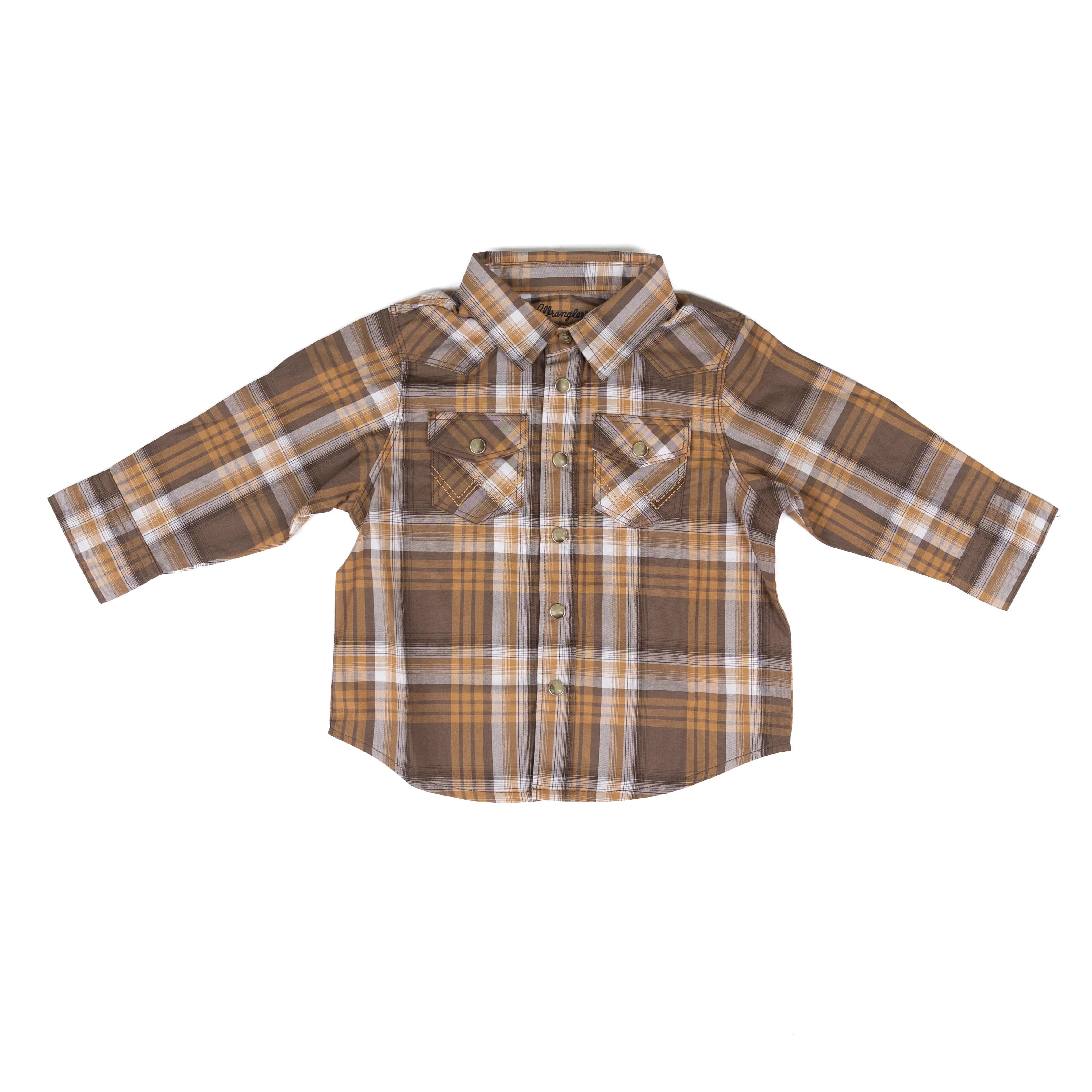 Wrangler Boys Plaid Western Snap Shirt Maple Brown - 112381492