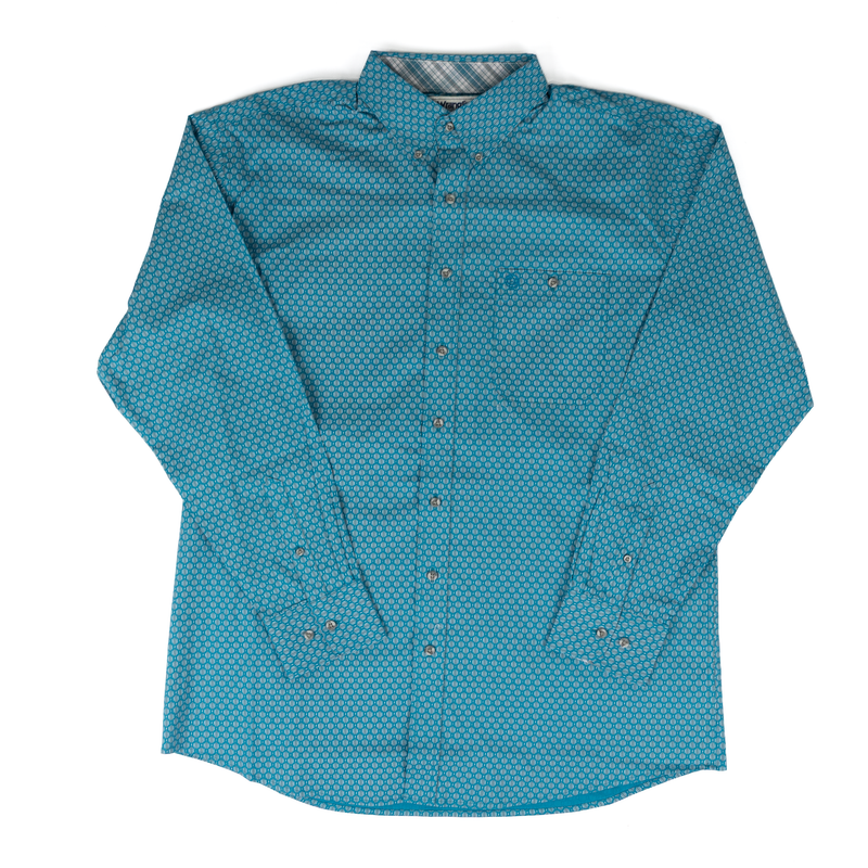 Men's Wrangler George Strait Teal Geo Print Button Down Shirt 112381971