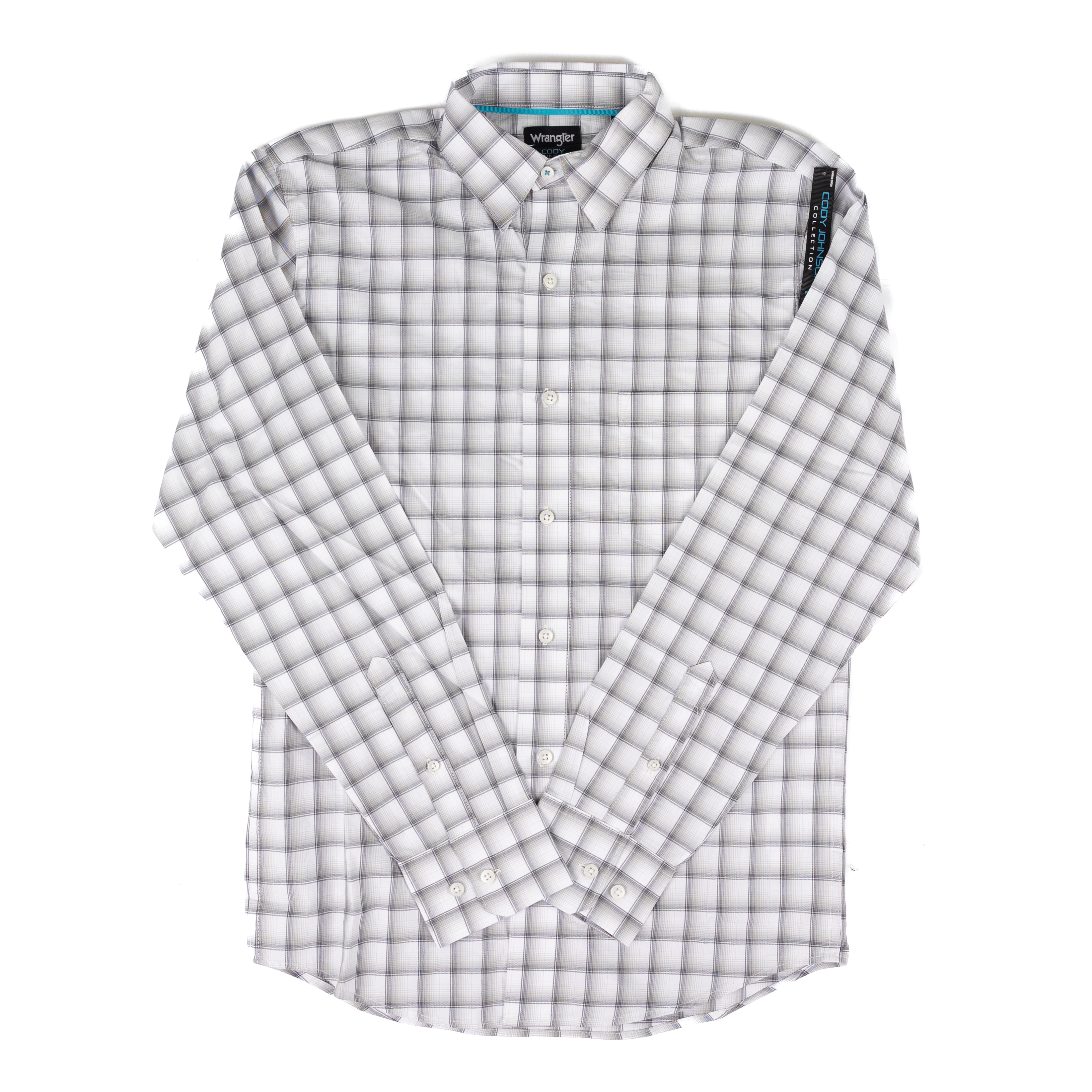 Men's Wrangler Cody Johnson Gray and White Plaid Button Down Shirt 112381514
