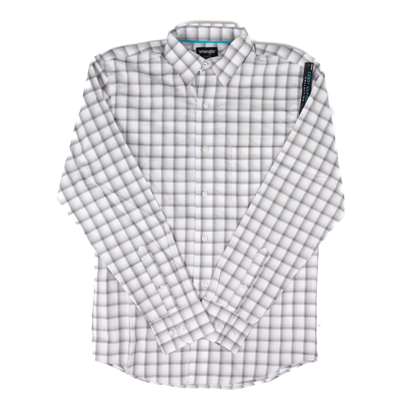 Men's Wrangler Cody Johnson Gray and White Plaid Button Down Shirt 112381514