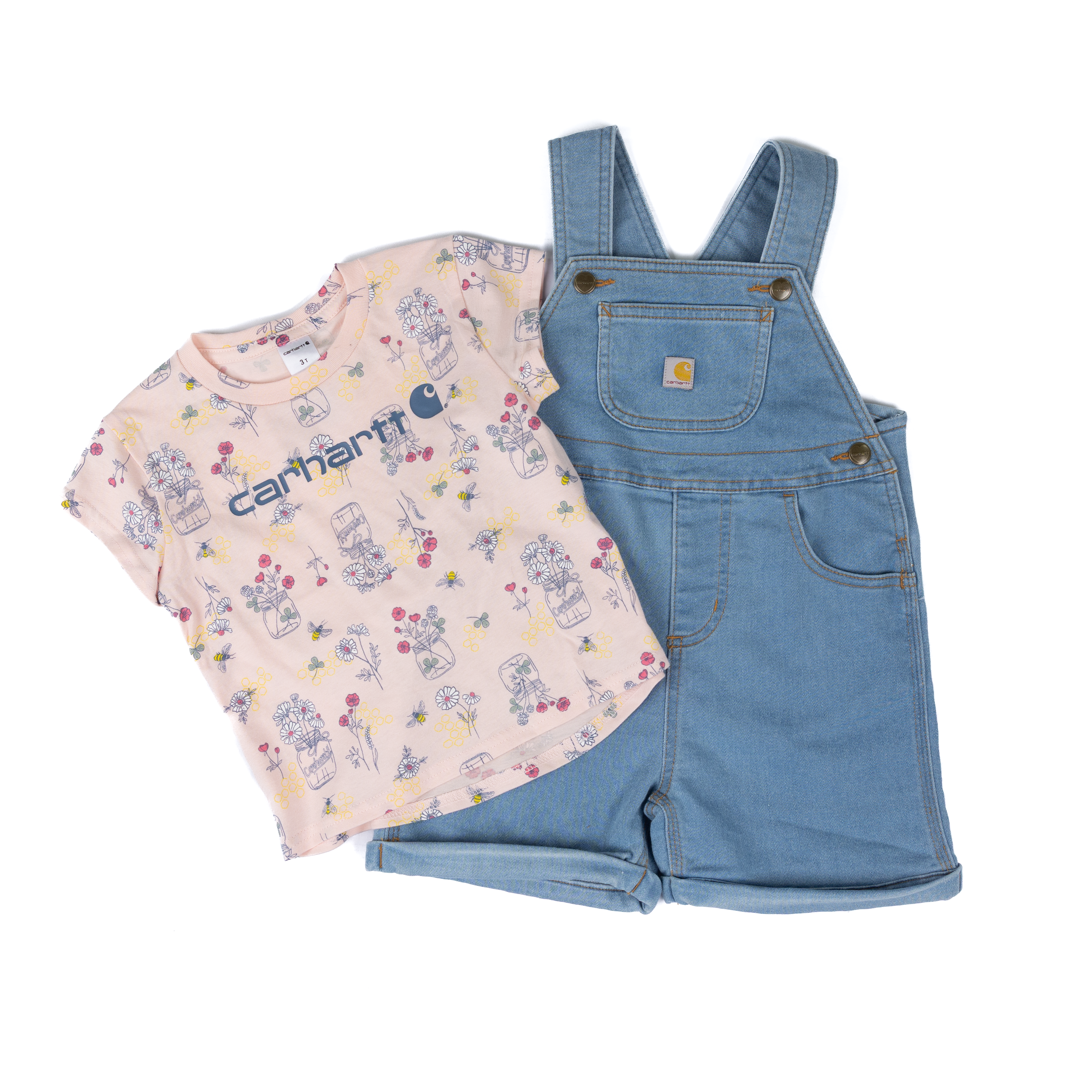 Girl's Carhartt Light Wash Bee Print Shortall 2 Piece Set CG9969-N108