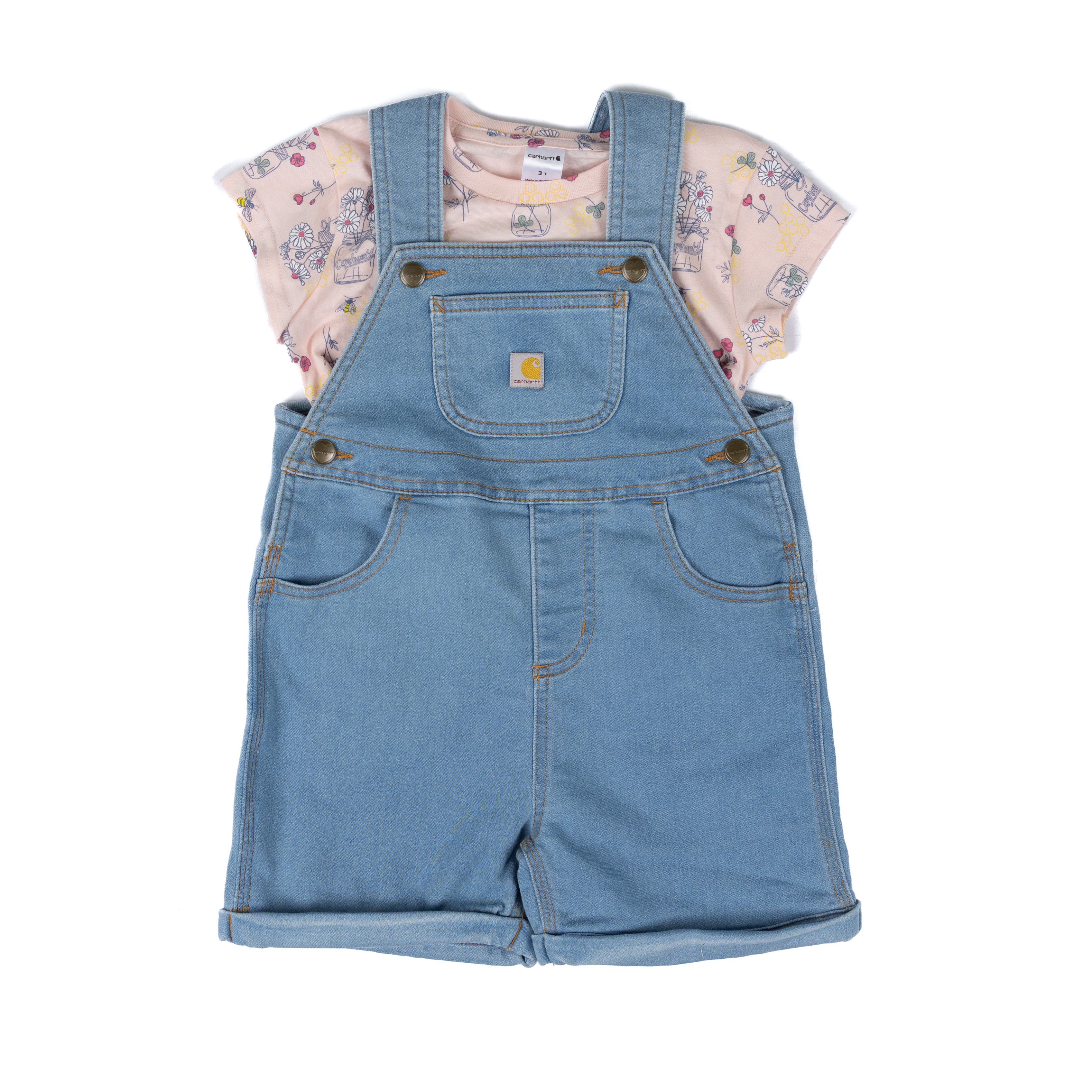 Girl's Carhartt Light Wash Bee Print Shortall 2 Piece Set CG9969-N108