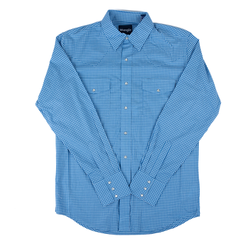 Men's Wrangler Long Sleeve Blue Plaid Snap Shirt 112379032