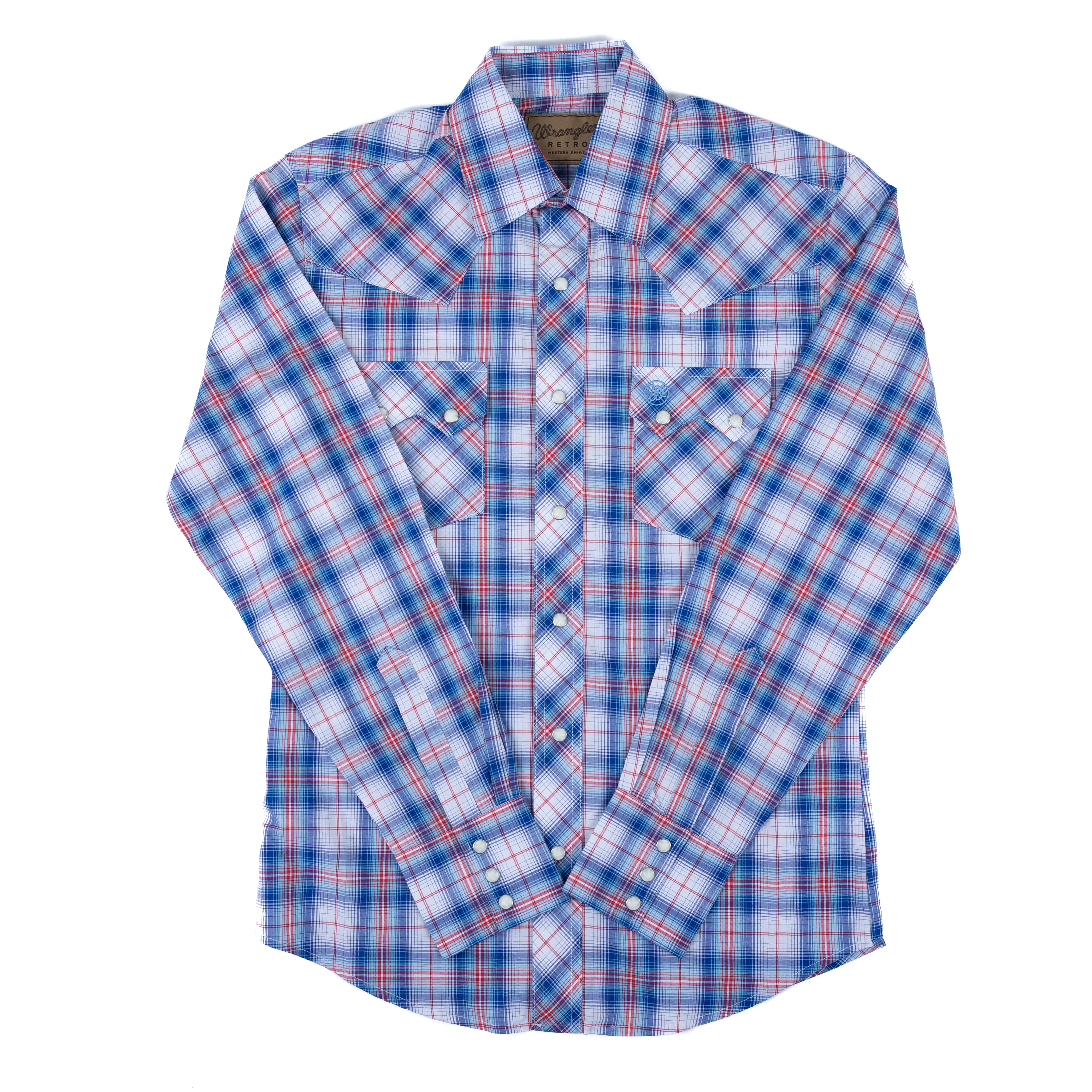 Men's Wrangler Retro Long Sleeve Blue and Red Plaid Snap Shirt 112378925