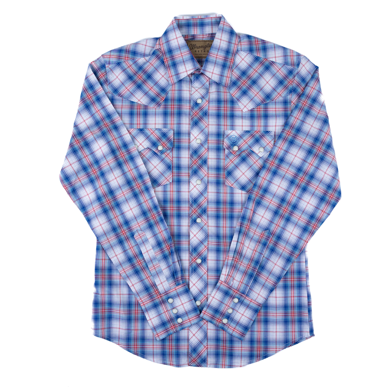 Men's Wrangler Retro Long Sleeve Blue and Red Plaid Snap Shirt 112378925