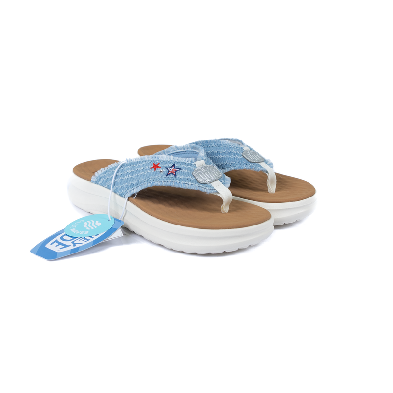 Women's Hey Dudes Faded Denim/Multicolor Tide Flip Flops 45419-4ZU