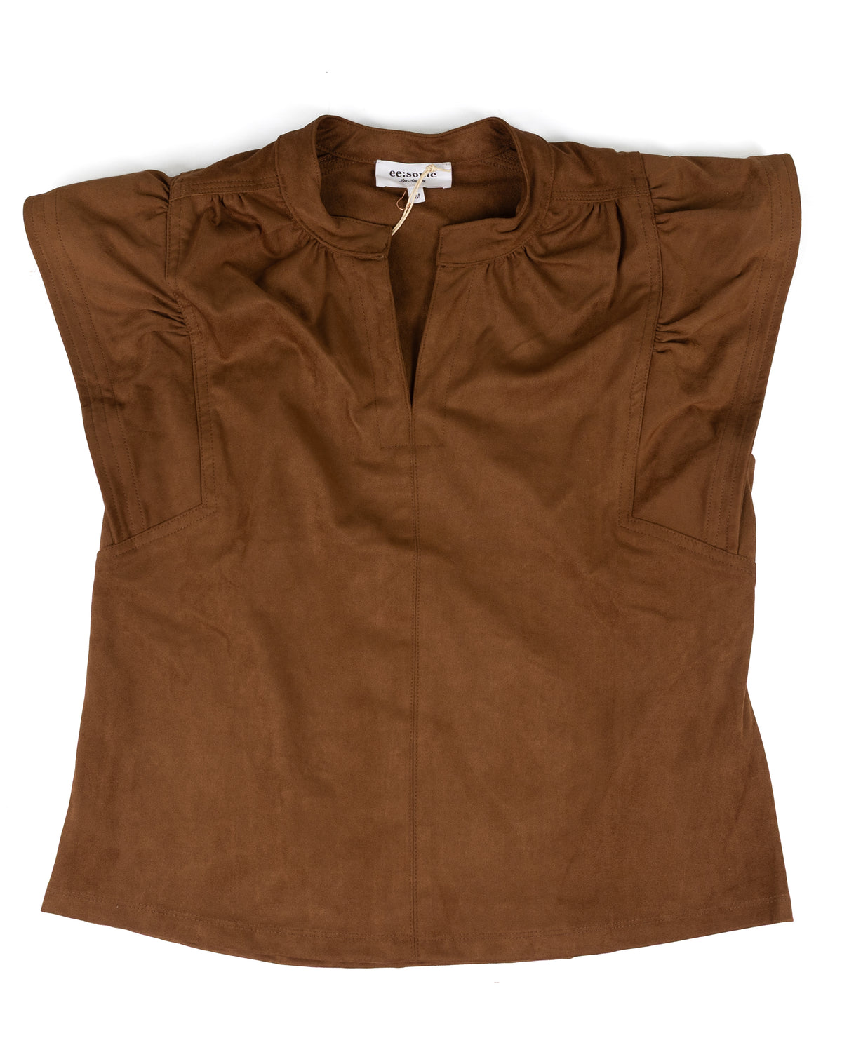 ee:some Women's Mocha Split Neck Flutter Sleeve Top TK16665