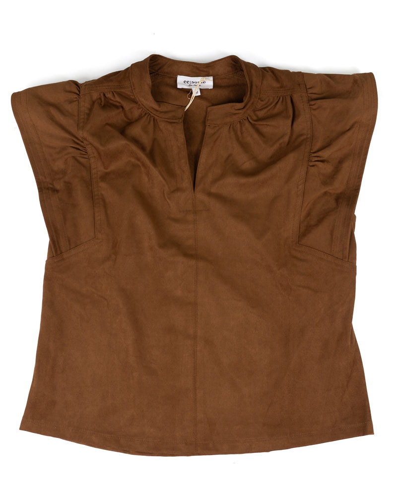 ee:some Women's Mocha Split Neck Flutter Sleeve Top TK16665