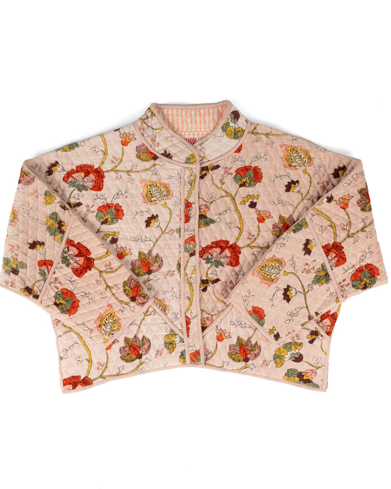 Women's Light Pink Velvet Quilted Button Up Jacket