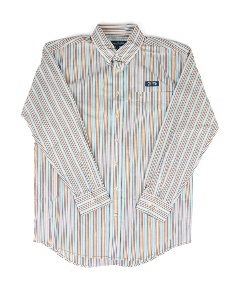 Panhandle Men's Long Sleeve Blue and Tan Striped Button Down Shirt RMB2S09527