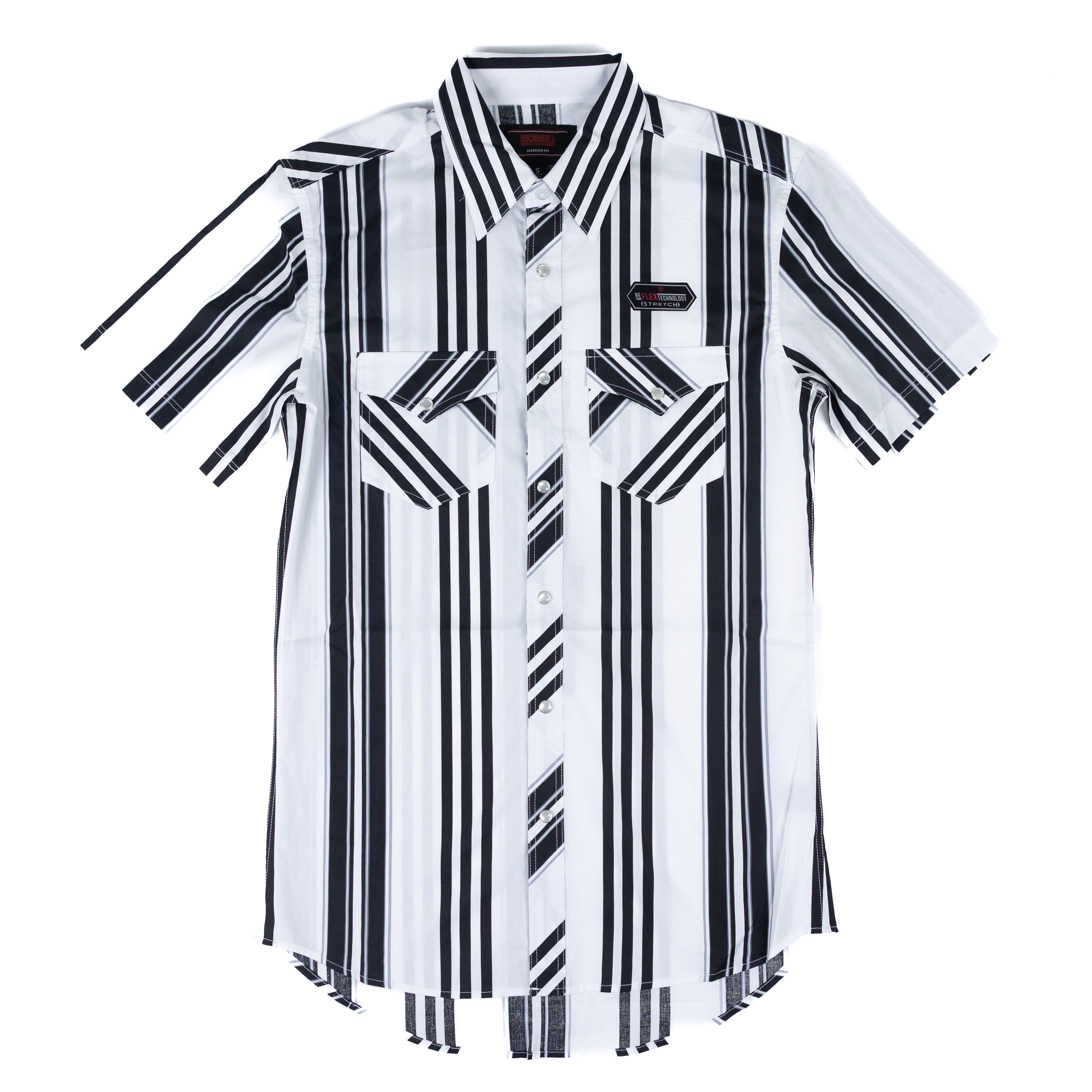 Men's Rock and Roll Slim Fit Black and White Striped Short Sleeve Snap Shirt BMN3S08303