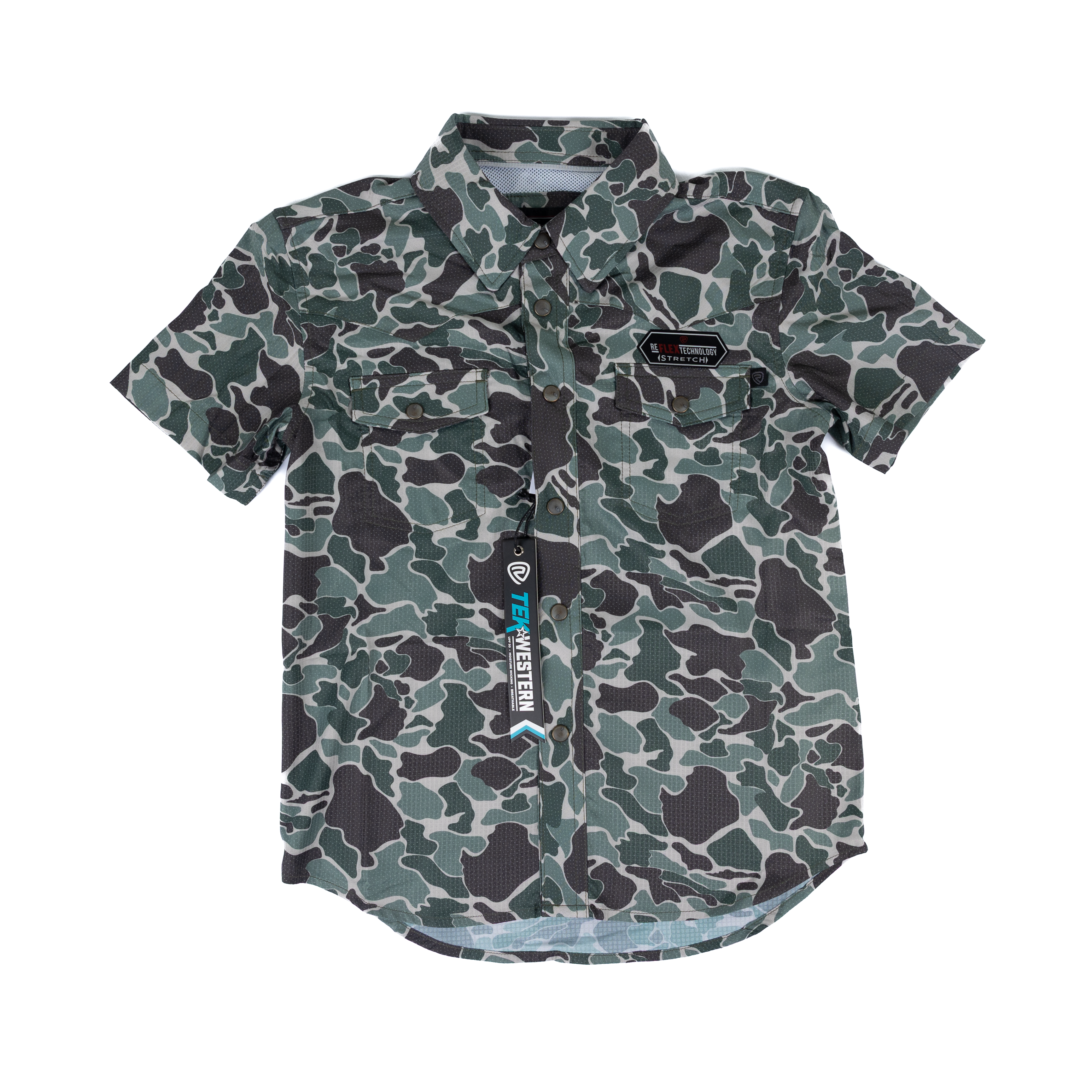 Boy's Rock and Roll Denim Olive Camo Tek Short Sleeve Western Shirt BBN3S08395