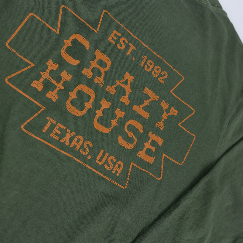 Crazy House Long Sleeve Shirt Green with Orange Aztec Print