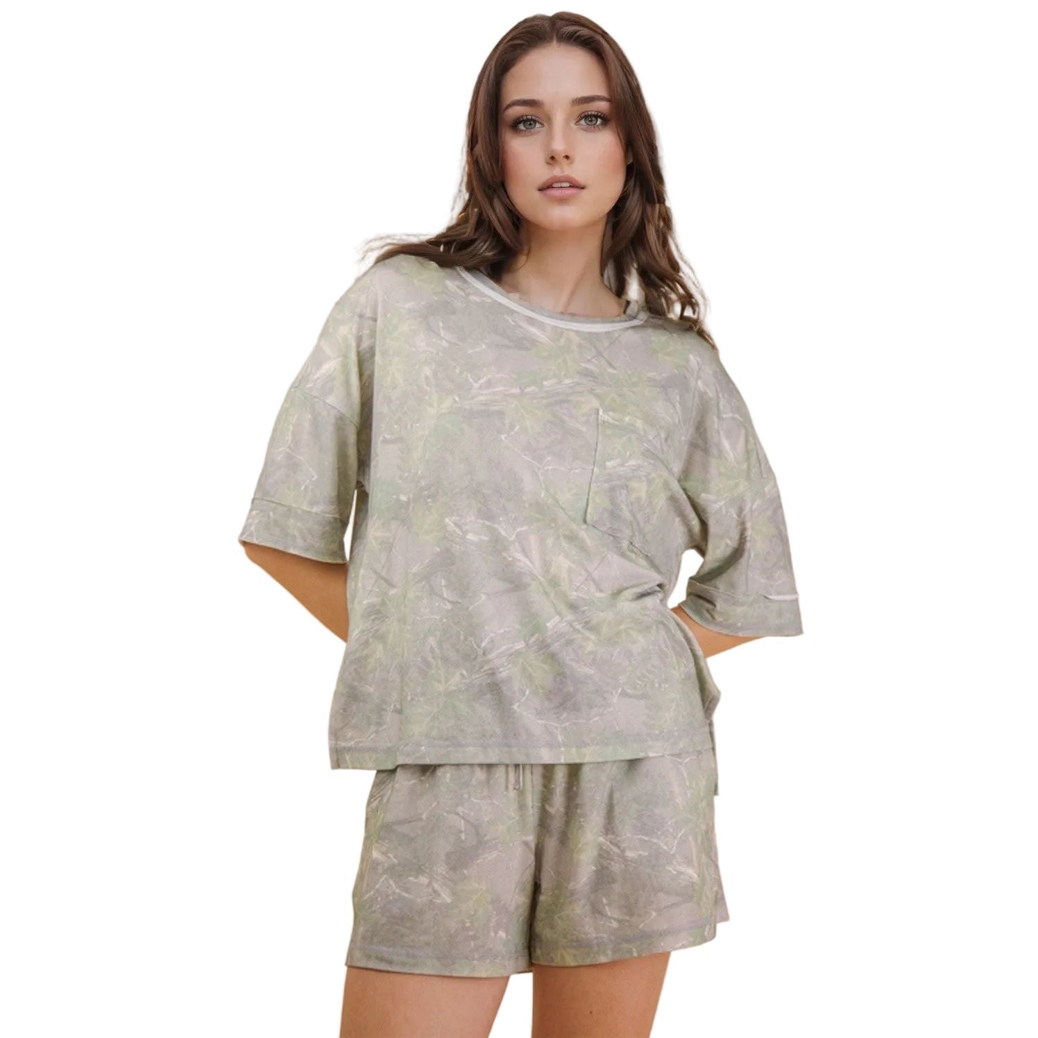 Women's Camo Print Casual Knit Top and Shorts Set NT12458SET