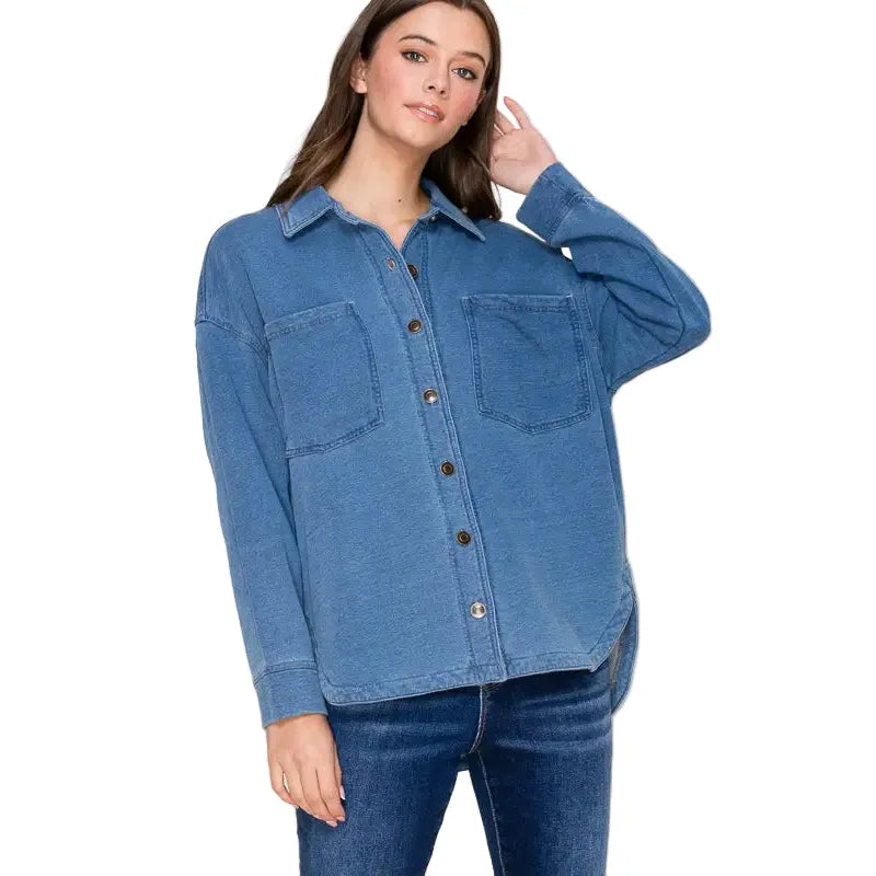 Women's Denim Collared Long Sleeve Button Top IJ-10035