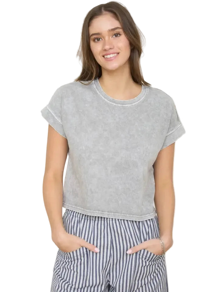Women's Washed Short Sleeve Boxy Knit Top J5FP1005-T