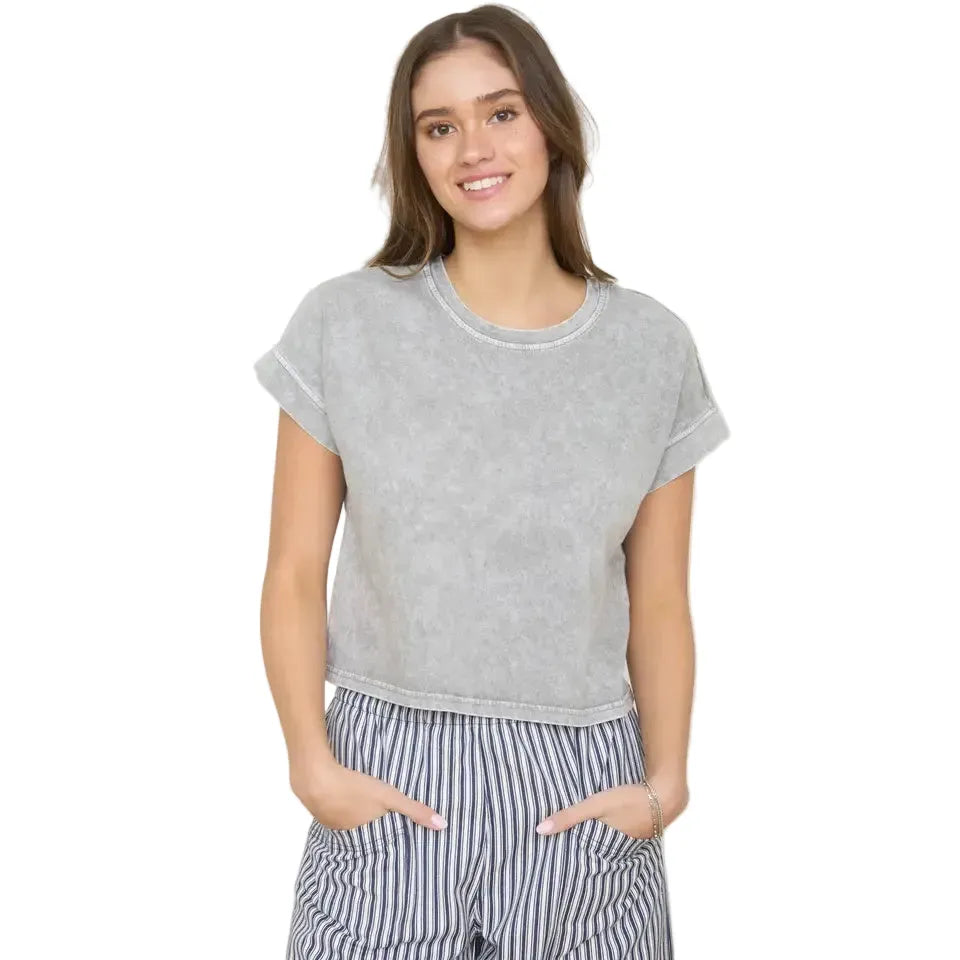 Women's Washed Short Sleeve Boxy Knit Top J5FP1005-T