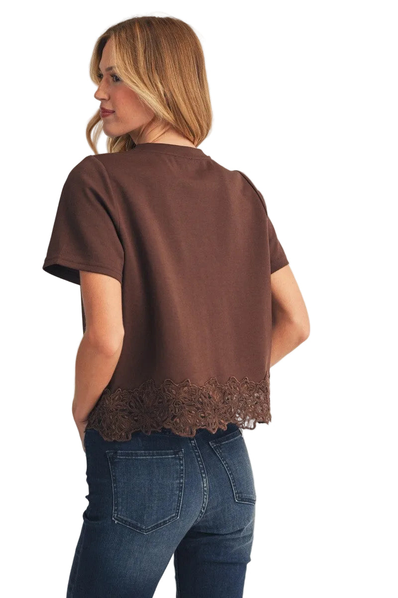 Jodifl Women's Lace Patch Hem Detail Solid Top 