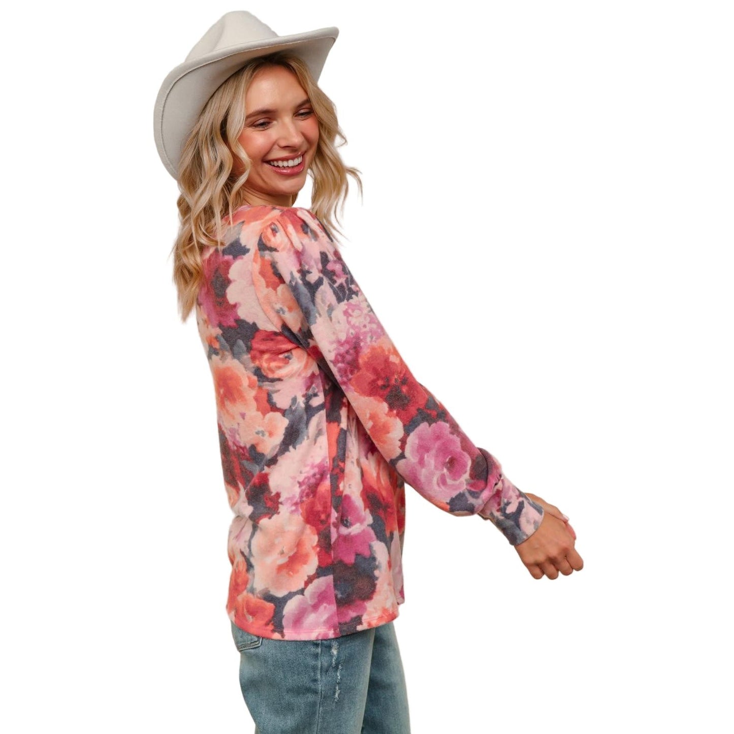 Women's Plus Round Neck Floral Brushed Hacci Knit Top HT4487DX