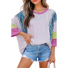 Women's Stripe Floral Raw Edge Patchwork Bracelet Sleeve Top 