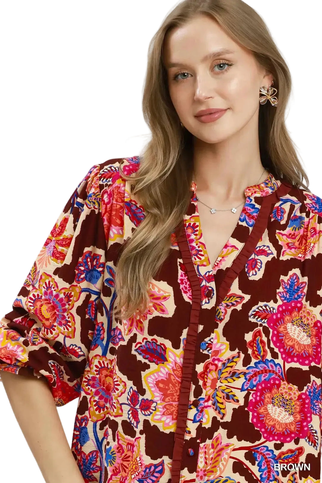 Umgee Women's Brown Mix FLoral Print Button Down Blouse 