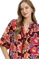 Umgee Women's Brown Mix FLoral Print Button Down Blouse 