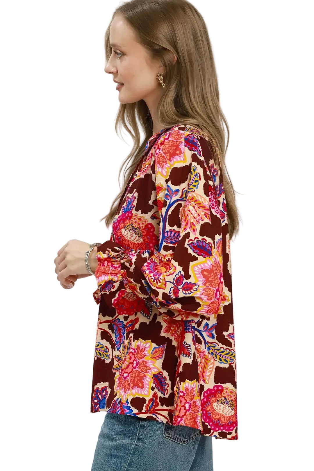 Umgee Women's Brown Mix FLoral Print Button Down Blouse 